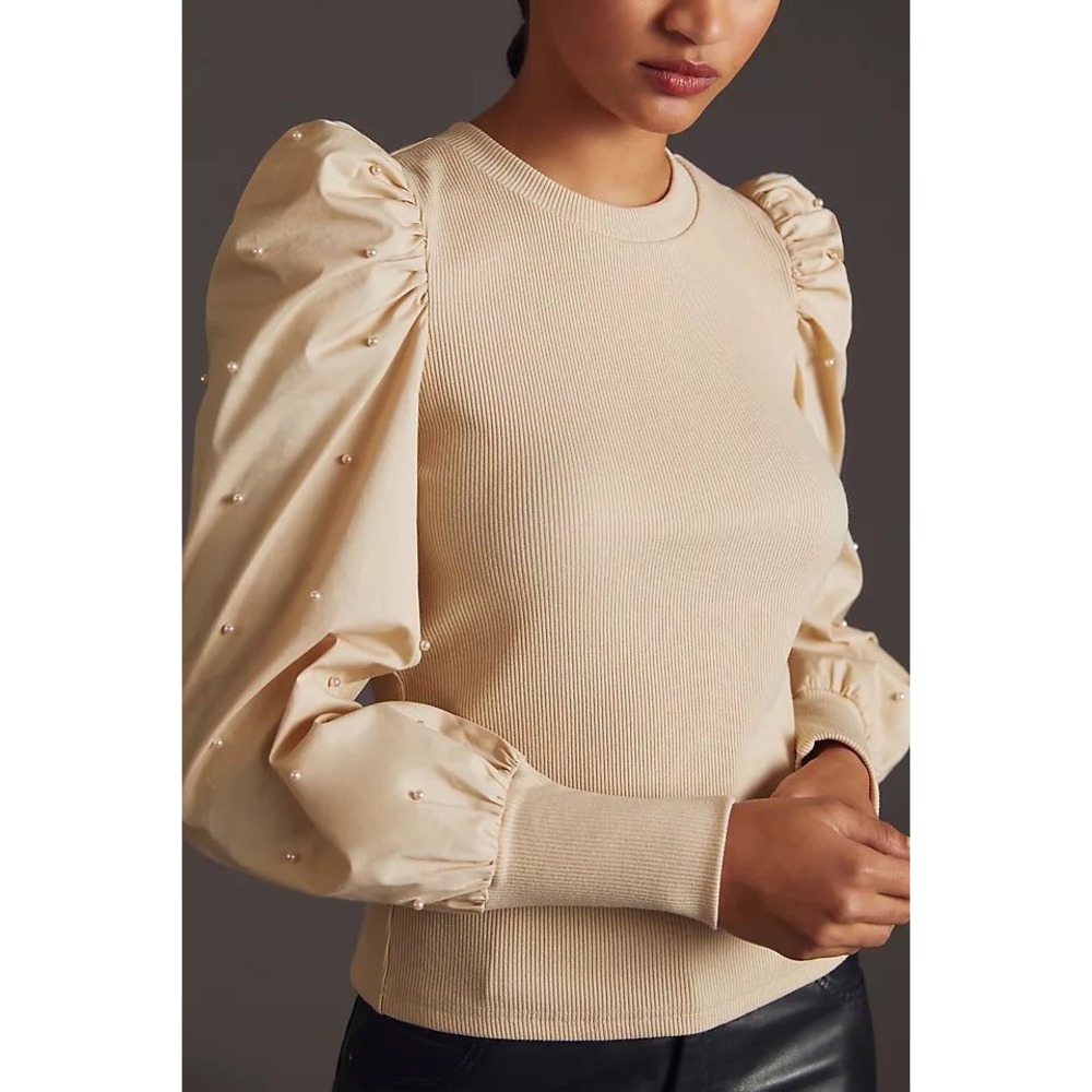 Anthropologie Dolan Puff Sleeve Top Beige Pearl Embellished Size XL Women's
